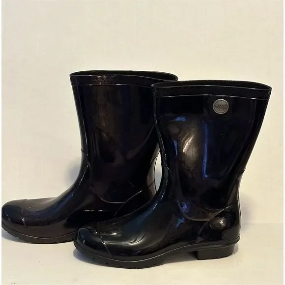 UGG Sienna Women's Black Gloss Mid-Calf Rain Boots Size 7 - Picture 1 of 5